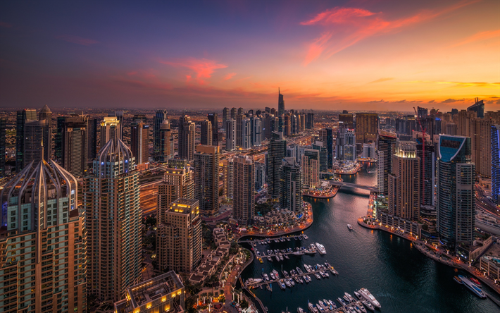 Dubai, sera, tramonto, moderno, architettura, edifici moderni, metropoli, EMIRATI arabi uniti