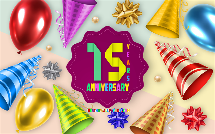 15 Aniversario, Tarjeta de Felicitaci&#243;n, Aniversario Globo de Fondo, arte creativo, 15 A&#241;os, Aniversario, de seda, de los arcos, 15 Aniversario del signo, Aniversario de Fondo