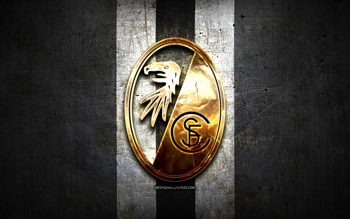 SC Freiburg, golden logo, Bundesliga, black metal background, football, Freiburg FC, german football club, SC Freiburg logo, soccer, Germany