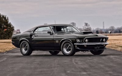 1969 Ford Mustang Boss 429, exterior, retro cars, de color verde oscuro Mustang Boss 429, american classic cars, Boss 429 Mustang, Ford