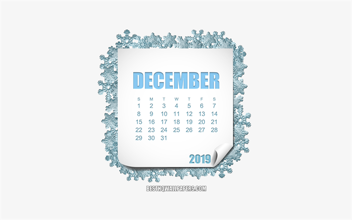 2019 dicembre Calendario, fiocchi di neve, bianco pezzo di carta, il calendario per il mese di dicembre 2019, creativo, arte, sfondo bianco