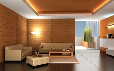 stylish living room interior, wood panels on the walls, living room project, loft style, modern interior design