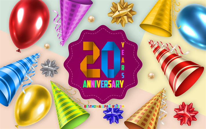 20 Aniversario, Tarjeta de Felicitaci&#243;n, Aniversario Globo de Fondo, arte creativo, de 20 A&#241;os de Aniversario, de seda, de los arcos, 20 Aniversario signo, Aniversario de Fondo