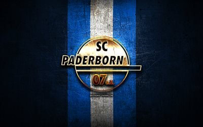 SC Paderborn 07, de oro logo de la Bundesliga, de metal de color azul de fondo, f&#250;tbol, Paderborn 07 FC, club de f&#250;tbol alem&#225;n, SC Paderborn 07 logotipo, Alemania