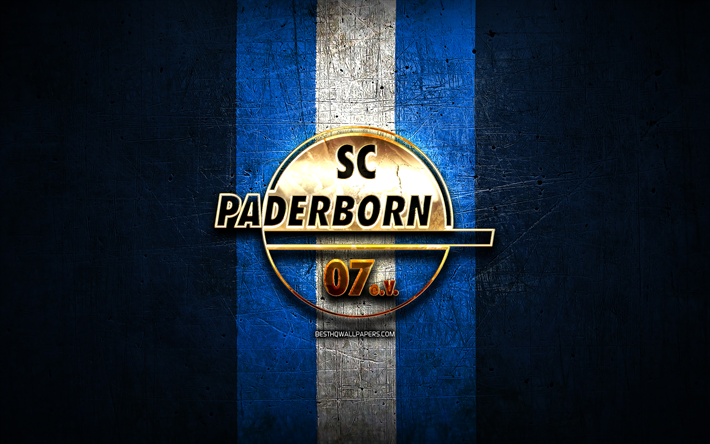 SC Paderborn 07, golden logo, Bundesliga, blue metal background, football, Paderborn 07 FC, german football club, SC Paderborn 07 logo, soccer, Germany