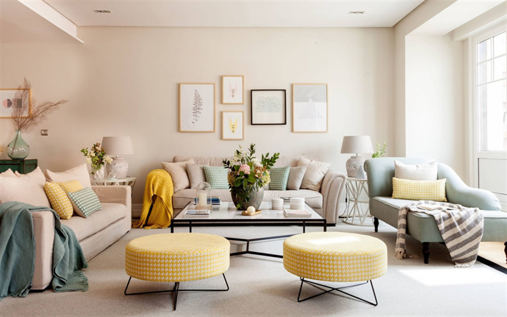 cl&#225;sico de la sala de estar de dise&#241;o de interiores, mobiliario retro, living comedor luminoso, amarillo de la ronda de sillas, elegante y moderno interior