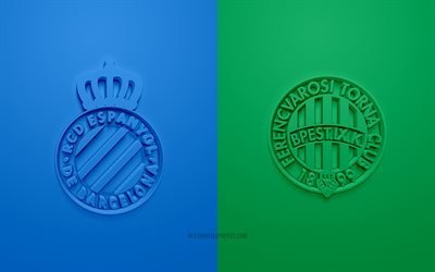 Espanyol vs Ferencvaros, Europa League, 2019, promo, jalkapallo-ottelu, UEFA, S-Ryhm&#228;, UEFA Europa League, RCD Espanyol, Ferencvaros, 3d art, 3d logo