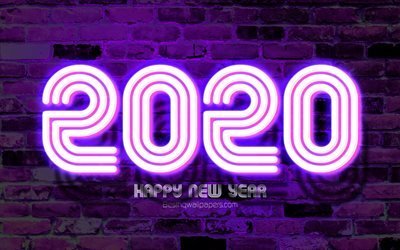 4k, Hyv&#228;&#228; Uutta Vuotta 2020, lineaarinen numeroa, violetti neon valot, abstrakti taide, 2020 k&#228;sitteit&#228;, 2020 violetti neon numeroa, violetti taustat, 2020 neon art, luova, 2020 vuosi numeroa
