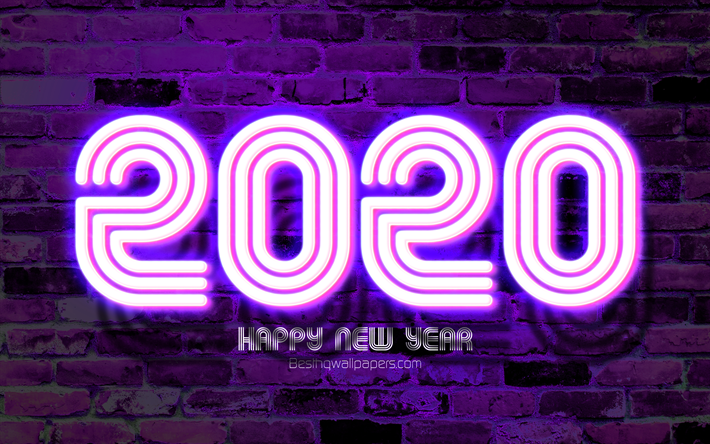 4k, Happy New Year 2020, linear digits, violet neon lights, abstract art, 2020 concepts, 2020 violet neon digits, violet backgrounds, 2020 neon art, creative, 2020 year digits