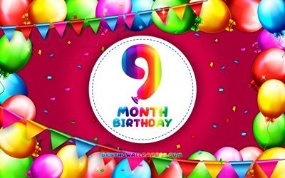Happy 9th Month birthday, 4k, colorful balloon frame, 9 month of my little girl, purple background, Happy 9 Month Birthday, creative, 9th Month Birthday, Birthday concept, 9 Month Daughter birthday