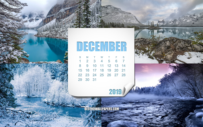 2019 December Calendar, winter, paper sheet, winter landscapes, December 2019 calendar, creative art