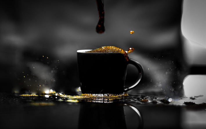 coffee, black cup with coffee, gray background, coffee concepts