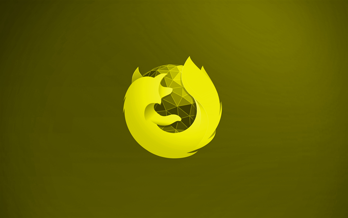 Mozilla Firefox gul logotyp, 4k, kreativa, gul bakgrund, Mozilla Firefox 3D-logotyp, Mozilla Firefox logotyp, konstverk, Mozilla Firefox