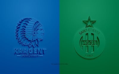 Gent vs Saint Etienne, Europa League, 2019, promo, football match, UEFA, Group I, UEFA Europa League, Saint Etienne, KAA Gent, 3d art, 3d logo