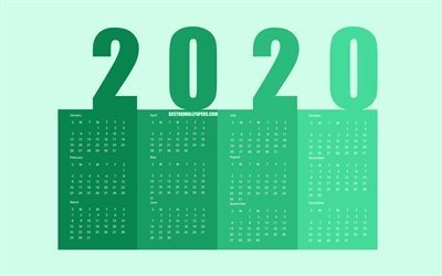 Creative 2020 Calendrier, tous les mois, 4k, Vert 2020 Agenda Papier, 2020 calendrier, 2020 concepts