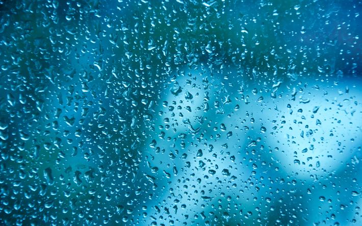water drops texture, 4k, bokeh, drops on glass, blue backgrounds, water drops, water backgrounds, drops texture, water, drops on blue background