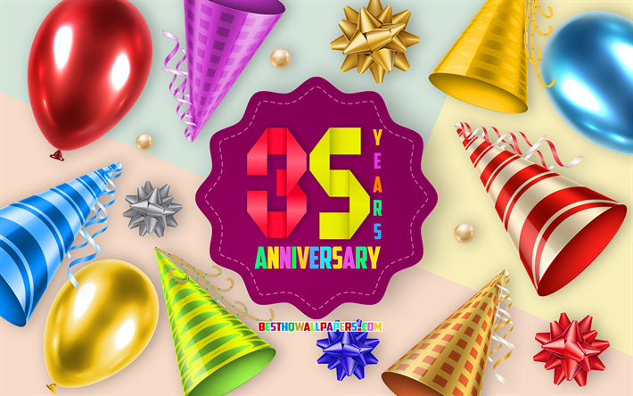 35th Anniversary, Greeting Card, Anniversary Balloon Background, creative art, 35 Years Anniversary, silk bows, 35th Anniversary sign, Anniversary Background