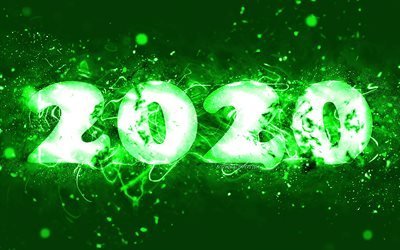Happy New Year 2020, 4k, green neon lights, abstract art, 2020 concepts, 2020 green neon digits, 2020 on green background, 2020 neon art, creative, 2020 year digits