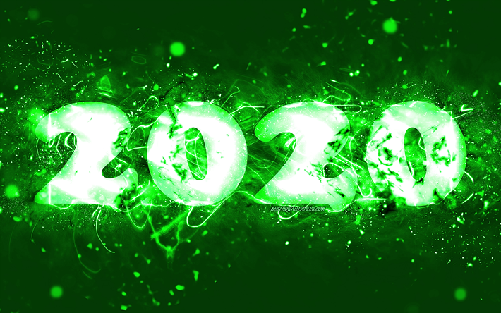 Hyv&#228;&#228; Uutta Vuotta 2020, 4k, vihre&#228; neon valot, abstrakti taide, 2020 k&#228;sitteit&#228;, 2020 vihre&#228; neon numeroa, 2020-vihre&#228; tausta, 2020 neon art, luova, 2020 vuosi numeroa
