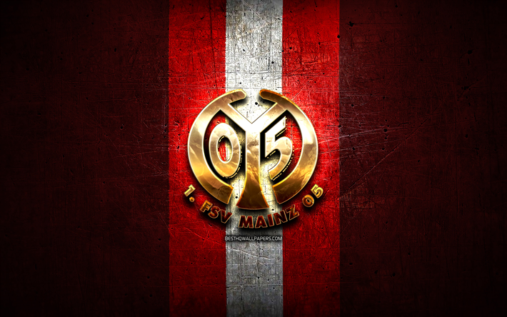 FSV Mainz 05, altın logo, Bundesliga, kırmızı metal arka plan, futbol, Mainz 05, Alman Futbol Kul&#252;b&#252;, FSV Mainz 05 logo, Almanya