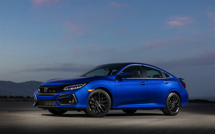 Honda Civic, 2019, em seguida, exterior, vista frontal, sedan azul, azul novo Civic, carros japoneses, Honda