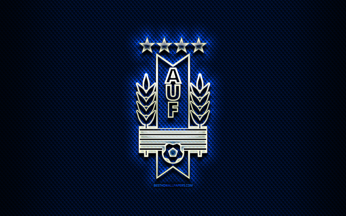 Uruguaylı futbol takımı, cam logosu, G&#252;ney Amerika, Conmebol, mavi grunge arka plan, Uruguay Milli Futbol Takımı, futbol, AUF logo, Uruguay