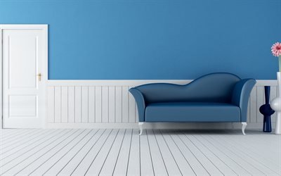 stylish blue interior, minimalism style, blue stylish sofa, modern interior design