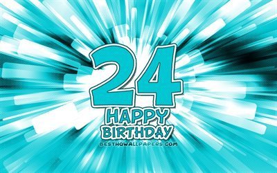 Happy 24th birthday, 4k, blue abstract rays, Birthday Party, creative, Happy 24 Years Birthday, 24th Birthday Party, cartoon art, Birthday concept, 24th Birthday