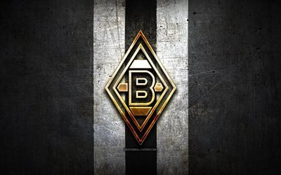 Borussia Monchengladbach, logo dorato, Bundesliga, nero, metallo, sfondo, calcio, Borussia Monchengladbach FC, squadra di calcio tedesca, il Borussia Monchengladbach logo, Germania