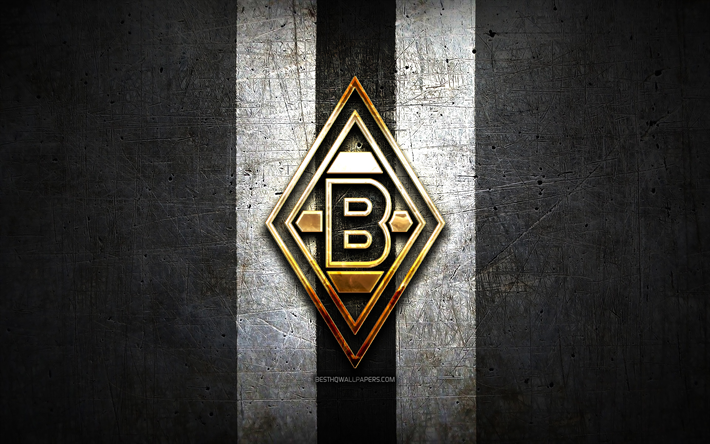 Borussia Monchengladbach, golden logo, Bundesliga, black metal background, football, Borussia Monchengladbach FC, german football club, Borussia Monchengladbach logo, soccer, Germany