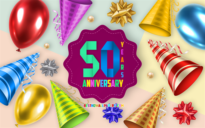 50th Anniversary, Greeting Card, Anniversary Balloon Background, creative art, 50 Years Anniversary, silk bows, 50th Anniversary sign, Anniversary Background