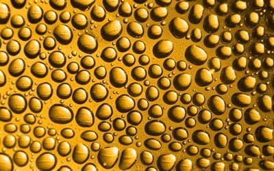gocce d&#39;acqua, texture, 4k, sfondo giallo, gocce di vetro, acqua sfondi, gocce di texture, acqua, gocce su sfondo giallo