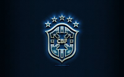 Brazilian football team, glass logo, South America, Conmebol, blue grunge background, Brazil National Football Team, soccer, CBF logo, football, Brazil