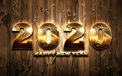 2020 golden digits, wooden background, Happy New Year 2020, creative, 2020 concepts, 2020 metal art, golden digits, 2020 on wooden background, 2020 year digits