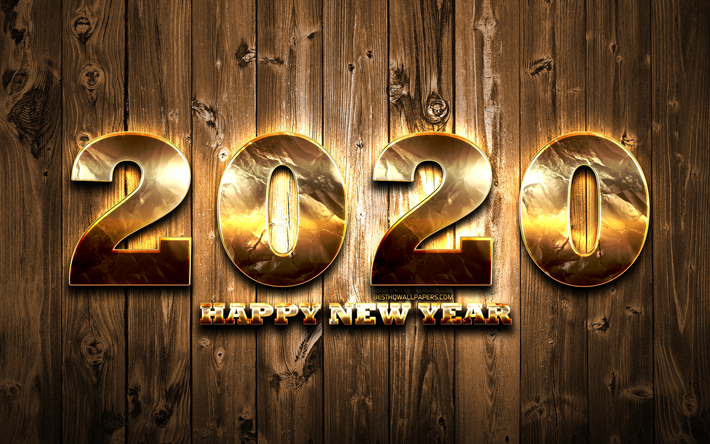 2020 golden chiffres, en bois, fond, bonne et Heureuse Ann&#233;e 2020, cr&#233;atif, 2020 concepts, 2020 art en m&#233;tal, dor&#233;, chiffres, 2020 sur fond de bois, l&#39;an 2020 chiffres