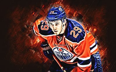 Leon Draisaitl, retrato, Engrasadores de Edmonton, alem&#225;n, jugador de hockey, NHL, estados UNIDOS, hockey, naranja creativa de fondo