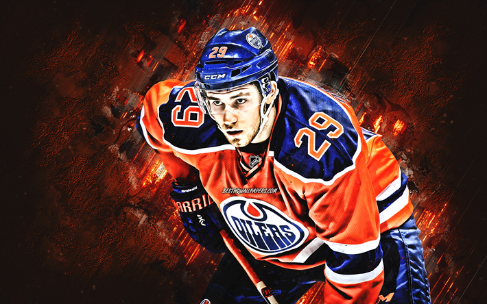Leon Draisaitl, portrait, Edmonton Oilers, German hockey player, NHL, USA, hockey, orange creative background