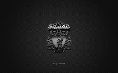 Il Liverpool FC, club di calcio inglese, la Premier League, logo argento, grigio contesto in fibra di carbonio, calcio, Liverpool, Inghilterra, Liverpool FC logo