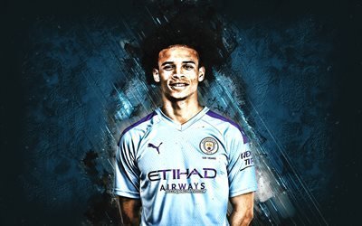 Leroy S&#227;, retrato, O Manchester City FC, azul criativo fundo, Jogador de futebol alem&#227;o, atacante, Premier League, Inglaterra, futebol