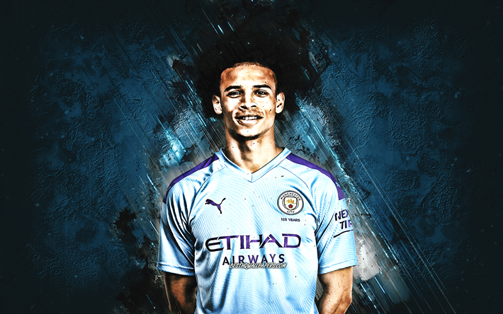 Leroy Sane, portrait, Manchester City FC, blue creative background, German football player, striker, Premier League, England, football