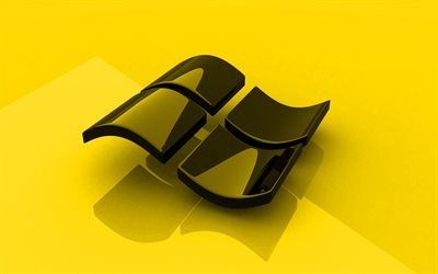 Windows yellow logo, 3D art, OS, yellow background, Windows 3D logo, Windows, creative, Windows logo