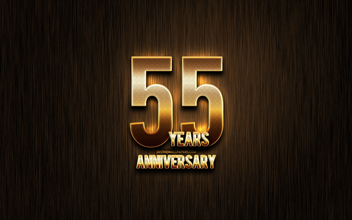 55 Years Anniversary, golden glitter signs, anniversary concepts, linear metal background, 55th anniversary, creative, Golden 55th anniversary sign