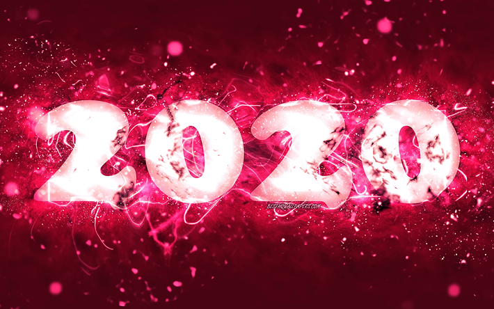 Happy New Year 2020, 4k, pink neon lights, abstract art, 2020 concepts, 2020 pink neon digits, 2020 on pink background, 2020 neon art, creative, 2020 year digits