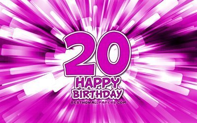 Happy 20th birthday, 4k, purple abstract rays, Birthday Party, creative, Happy 20 Years Birthday, 20th Birthday Party, cartoon art, Birthday concept, 20th Birthday