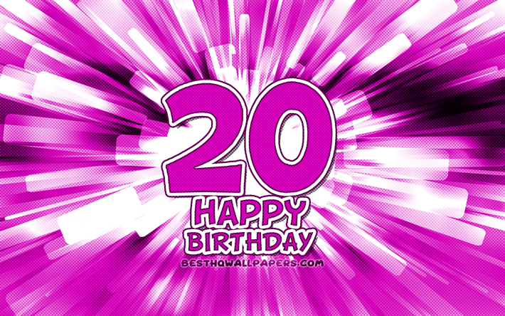 Happy 20th birthday, 4k, purple abstract rays, Birthday Party, creative, Happy 20 Years Birthday, 20th Birthday Party, cartoon art, Birthday concept, 20th Birthday
