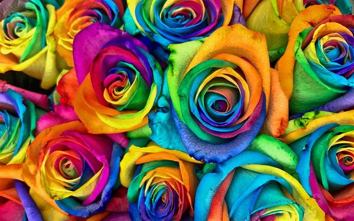 باقة من الورود الملونة, 4k, قوس قزح, باقة من الورود, خوخه, الزهور الملونة, الورود, براعم, الورود الملونة, الزهور الجميلة, خلفيات الزهور, الخلفيات الملونة