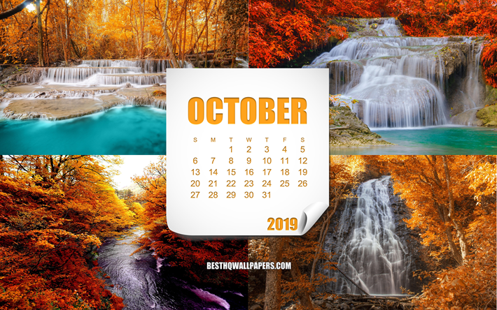 2019 October Calendar, autumn landscapes, autumn waterfall, calendar for 2019 October, autumn calendars