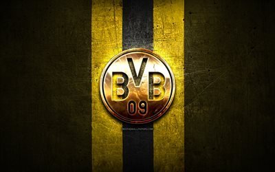 Borussia Dortmund FC, golden logo, Bundesliga, yellow metal background, football, Borussia Dortmund, german football club, Borussia Dortmund logo, soccer, Germany