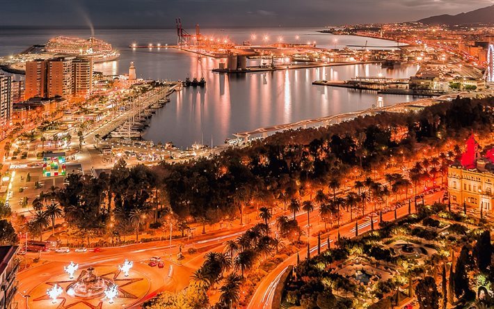 M&#225;laga, porto, horizonte, noite, Espanha