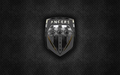 SCO Angers, club fran&#231;ais de football, noir m&#233;tal, texture, en m&#233;tal, logo, embl&#232;me, Angers, France, Ligue 1, art cr&#233;atif, football